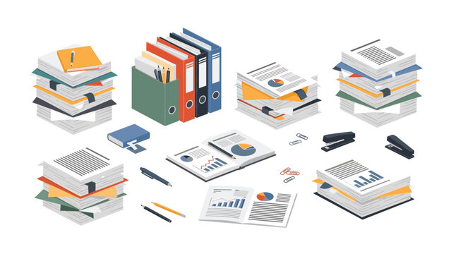 Overhead view of organized office supplies including stacks of papers, ring binders, and stationery items on a white surface.