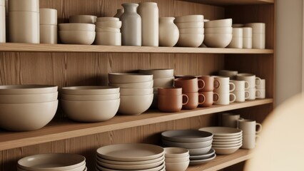 Ceramic dishware on wooden shelves