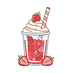 A strawberry milkshake with a straw, whipped cream and fruit halves around the glass