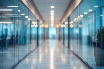 Fototapeta premium A modern office corridor featuring glass walls and warm lighting, creating a sleek and professional environment.