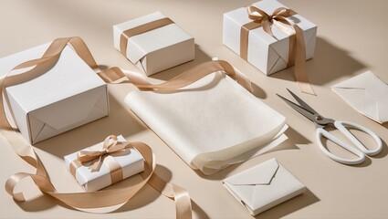 Elegant gift wrapping setup with beautiful ribbons and boxes