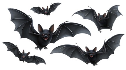 Digitally created illustration of several black bats in various flying positions against a white background