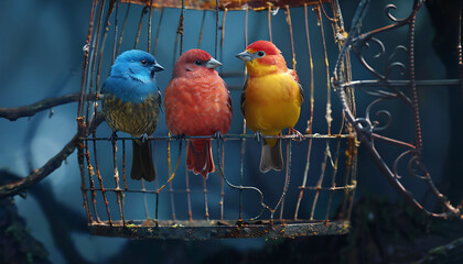 Colorful Birds Sitting Together in a Cozy Nest Environment
