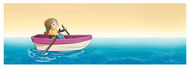 Little girl rowing a boat, isolated drawing