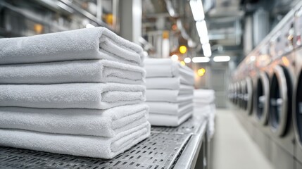 Stacks of freshly folded white towels in a large-scale commercial laundry facility with washing machines.