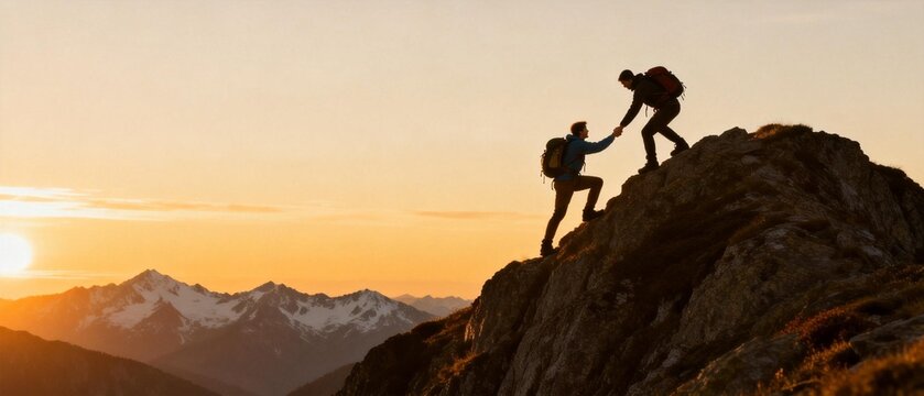 Hikers assisting each other on mountain