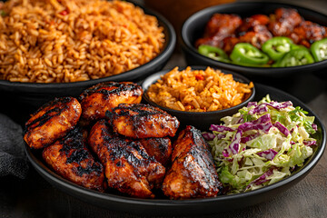 Fototapeta premium Delicious spicy grilled chicken with Caribbean food like Jollof rice. savory dinner meal platter with fresh salad