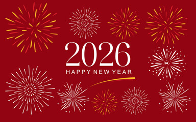 Happy New Year 2026 Red Background with Colorful Fireworks Celebration Design