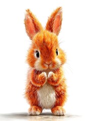 Digitally painted, adorable, fluffy, orange-brown bunny with big eyes and a curious expression