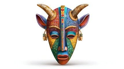 Digitally painted, brightly colored mask, ornate with horns, ears, and beaded accessories, isolated