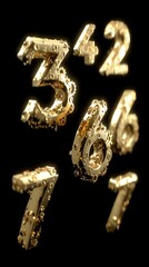 Digitally rendered gold numbers floating against a stark black background
