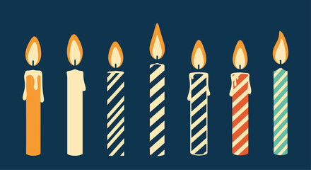 Collection of seven diverse birthday candles with different patterns, colors, and drips, all lit and arranged on a dark blue background.