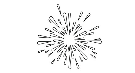 Obraz premium Dynamic radial burst of thin elongated droplet shapes expanding outward from a central point in a clean black and white line drawing.