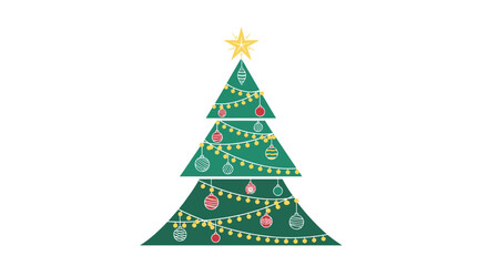 Fototapeta premium Colorful stylized illustration of a three-tiered green Christmas tree decorated with yellow lights, red and gold ornaments, and a star.