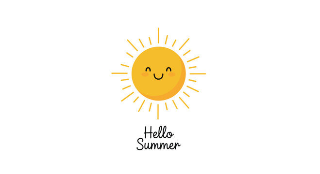 Cheerful sun character with a smiley face and hello summer text below, isolated on a white background for seasonal promotions.
