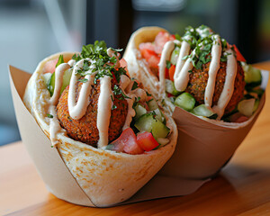 Delicious Middle Eastern falafel wrap with fresh pita and hummus. savory vegetarian food sandwich for an appetizing lunch