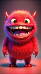 A cheerful monster with bright red glowing eyes and a stretched out bared mouth in a playful pose