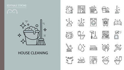 Naklejka premium Sleek and Modern Line Art Icons Representing Comprehensive House Cleaning, Home Sanitation, and Household Chores Services