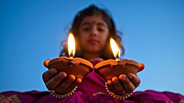 A Young Indian Girl in Traditional Attire Offers Two Glowing Clay Diyas During Diwali Festival
