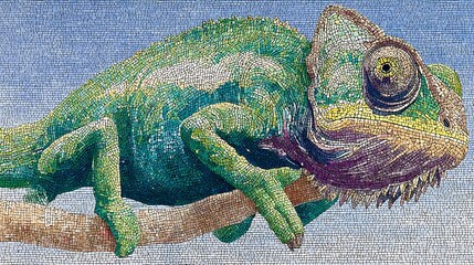 Detailed, colorful mosaic illustration of a chameleon resting on a branch