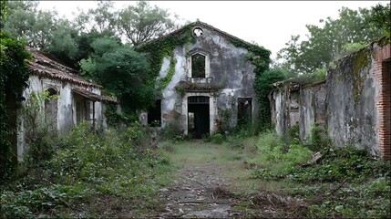 Dilapidated brick buildings reclaimed by nature. Overgrown vegetation covers the structures
