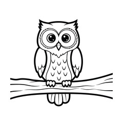 Fototapeta premium Cute Baby Owl Sitting on Branch - Cartoon Bird Coloring Book Page Vector Illustration for Kids
