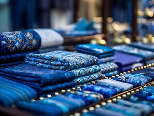 Display of folded and stacked textiles in various shades of blue with delicate patterns
