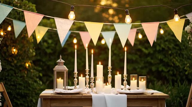 Elegant outdoor evening celebration setup with string lights and colorful