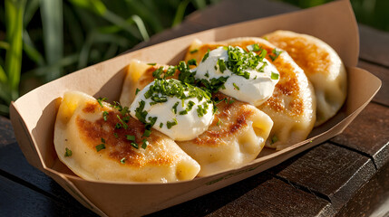 Golden Polish pierogi dumpling, delicious traditional food from market served with sour cream and fresh chive