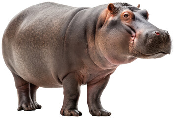 A large, grey, and realistically rendered hippopotamus with thick, wrinkled skin and a slightly open mouth, stands attentively with its legs positioned in a, isolated on transparent background.