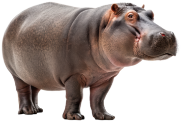 A large, grey, and realistically rendered hippopotamus with thick, wrinkled skin and a slightly open mouth, stands attentively with its legs positioned in a, isolated on transparent background.