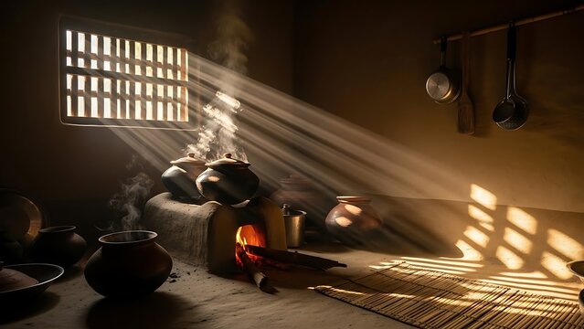 Rustic kitchen interior with sunlight streaming through a window illuminating cooking pots and utensils on a wooden table