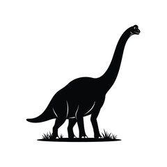 Brachiosaurus dinosaur silhouette on grass, black and white minimalist vector illustration of a prehistoric sauropod. © Jakir