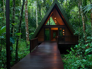 Obraz premium Serene wooden eco lodge and cabin in tranquil forest. nature path leads to vacation retreat for relaxation