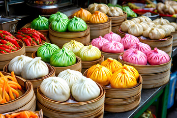 Appetizing colorful steamed bun at street food market in China. Delicious vibrant bamboo steamer with traditional food