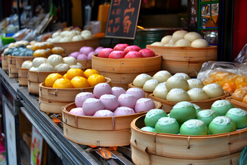Colorful steamed bun at street food market in China. vibrant and appetizing display of traditional Asian cuisine