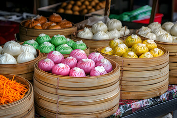 Vibrant colorful steamed bun variety at street food market in China. Delicious fresh bao in traditional bamboo steamer