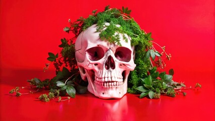 Skull entwined with verdant foliage