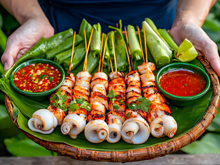 Delicious grilled squid skewer Thai street food with seafood and spicy sauce. fresh and appetizing meal on banana leaf