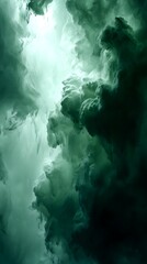 Dramatic abstract view of dense, swirling, emerald-toned vapor, with light penetrating