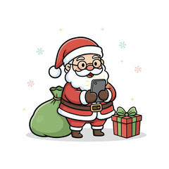 Modern Santa Using Smartphone with Gift Sack &ndash; Holiday Concept