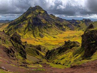 Dramatic landscape shot of a moss-covered mountain range under cloudy skies