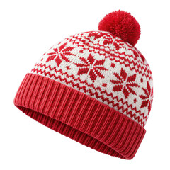 Cozy and intricately knitted winter hat, featuring a classic Fair Isle pattern in vibrant red and crisp white wool, is gently tilted to showcase its ribbed brim, isolated on transparent background.