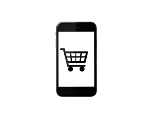 A smartphone displays a shopping cart icon on its white screen