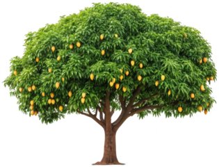 A lush, vibrant, and fully-laden mango tree with dense, emerald-green foliage and a sturdy, textured brown trunk, displaying numerous ripe, golden-yellow mangoes, isolated on transparent background.