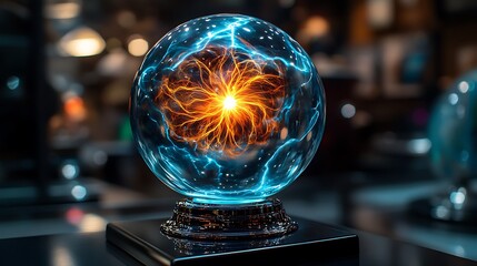 Plasma ball glowing blue orange.