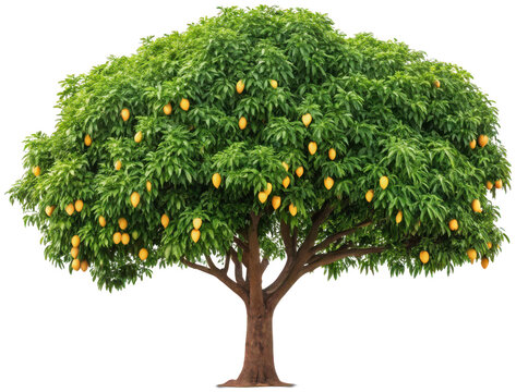 A lush, vibrant, and fully-laden mango tree with dense, emerald-green foliage and a sturdy, textured brown trunk, displaying numerous ripe, golden-yellow mangoes, isolated on transparent background.