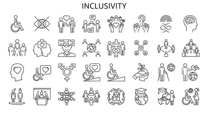 A comprehensive set of sleek line icons representing inclusivity, diversity, and equality, promoting social awareness and accessible community engagement