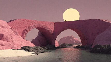 Dreamy pink bridge over water with sun. Figures on the bridge, evoking calm & fantasy