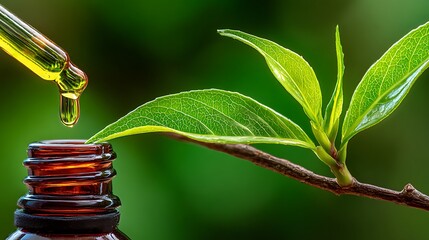 Dropper depositing liquid near a budding green leaf against soft bokeh background